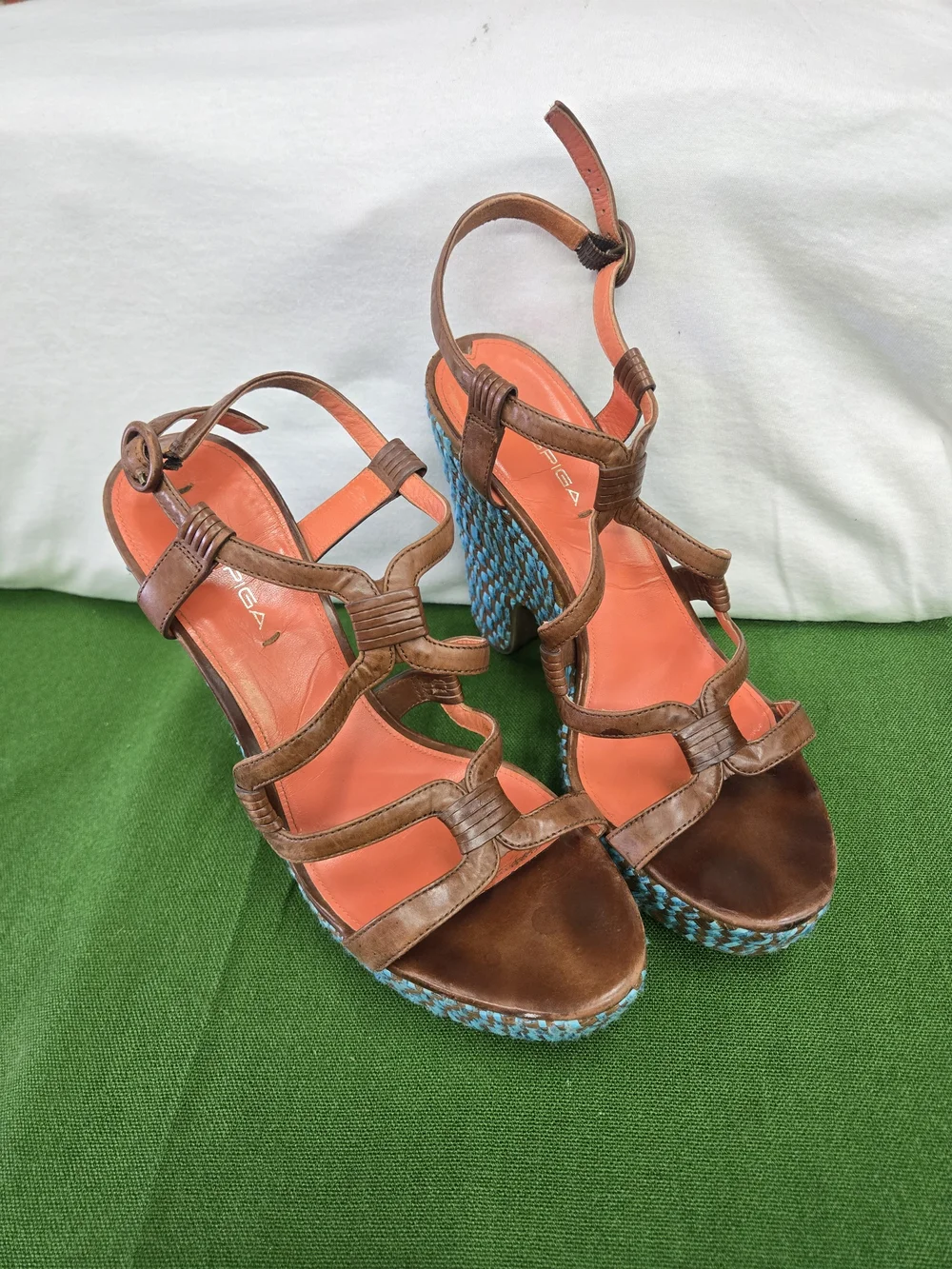Via Spiga Brown Leather Strappy Platforms with Turquoise Woven Heel